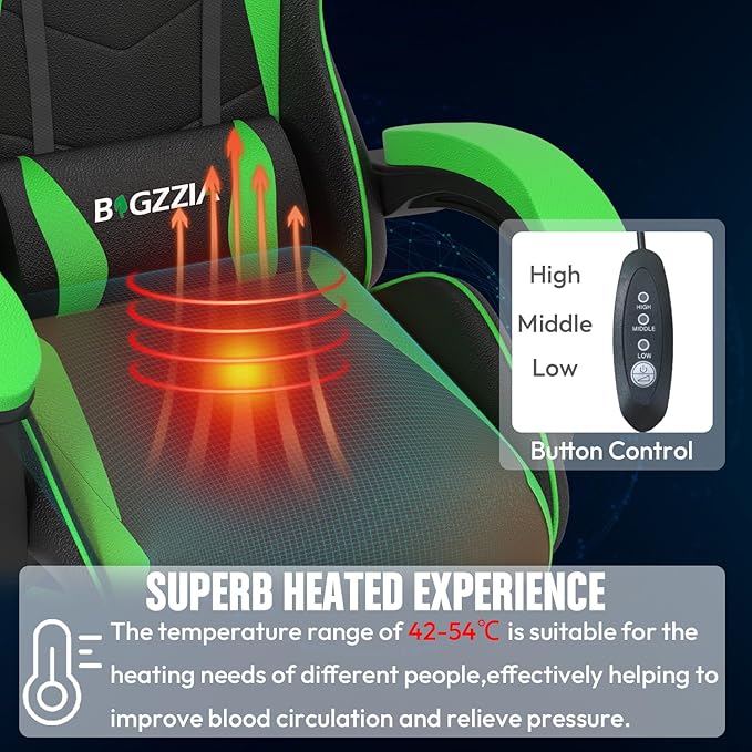 Bigzzia Gaming Chair with Heated Cushion Ergonomic Video Game Chairs with Pillow and Lumbar Support Racing Style Height Adjustable Computer Chair with 360°-Swivel Seat for Adults (Green)