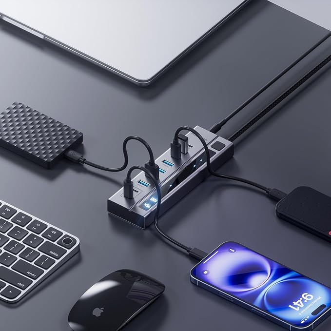Powered USB C Hub 9-in-1 USB-Hub suppprt 10Gbps &amp PD 45W Max Charging(Not Support Video) USB Powered Hub with 3 USB-C 4 USB-A for Laptop MacBook iPad and More (72W Adapter Included)