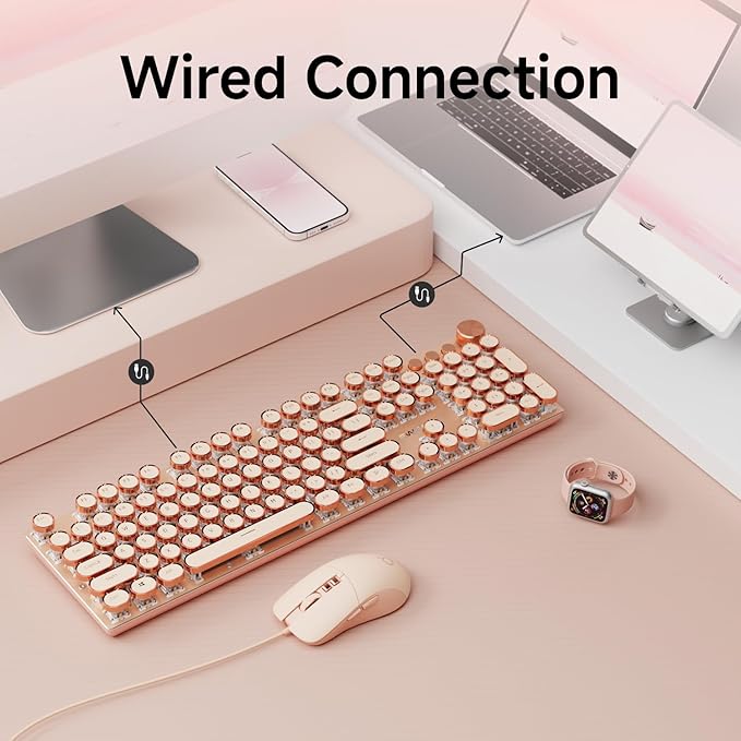 EWEADN Wired Typewriter keyboard and Mouse Combo Typewriter Style Mechanical Gaming Keyboard104 Keys Backlit LED Keyboards Media Control Knob Wired Keyboard Pink Switch for Windows/Mac/PC-Pink