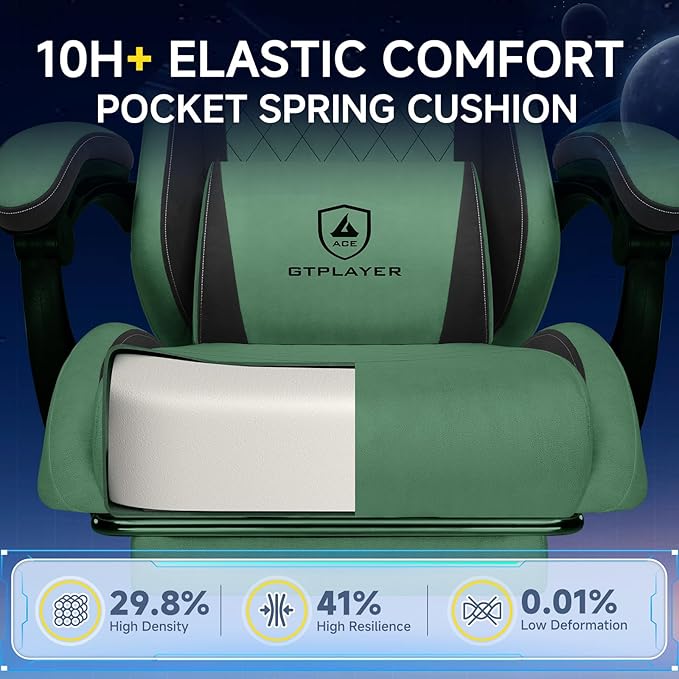 GTPLAYER Gaming Chair Video Game Chairs with Footrest and Lumbar Support Computer Chair for Adults with Extended Backrest Ergonomic Reclining Silla Gamer Fabric Green