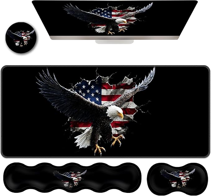 Ergonomic Keyboard Wrist Rest &amp Mouse Pad Wrist Rest SetXL Gaming Desk Mat 31.5x 11.8Non-Slip BaseMemory FoamEasy Typing Pain Relief for Office &amp HomeEagle Breaking American Flag