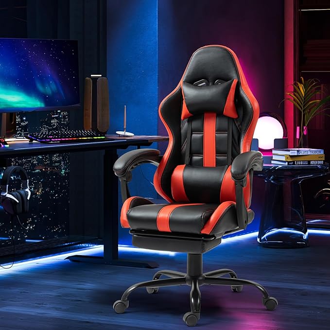 Massage Gaming Chair w/Footrest Ergonomic High Back PC Chair w/Headrest and Lumbar PU Swivel Home Desk Office Chair Red