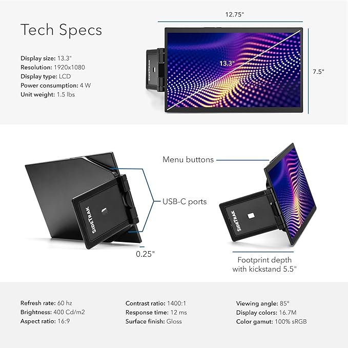 SideTrak Swivel Pro Triple 13.3 Ultra Slim Attachable Portable Monitor FHD IPS 1080p Laptop Screens with Kickstand + Unique Patented Swivel Hinge For Mac PC and Chromebook USB-C® Port Connection