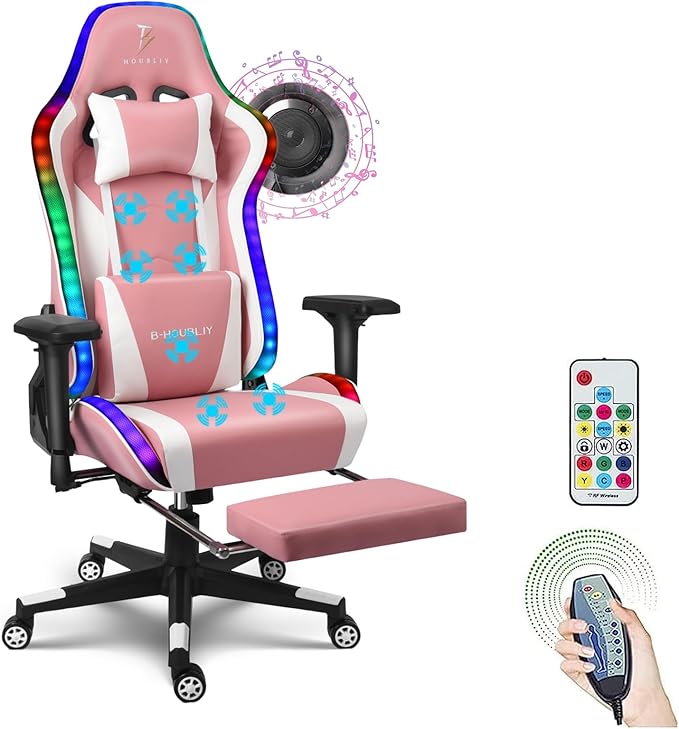 XOOFMASS RGB Gaming Chair with Massage Footrest &amp Dual Speakers Ergonomic Racing Computer Chair with Lumbar Support and Headrest High Back Music Video Chair for Adults Teens and KidsPink