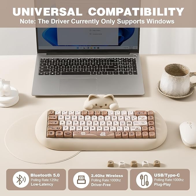 YUNZII C68 Wireless Mechanical Keyboard65% LayoutHot SwapTriple Mode BT5.0/2.4G/Wired RGB Backlit NKROCute Cat Silicone Ergonomic Design for Win/Mac (Brown Milk Switch)