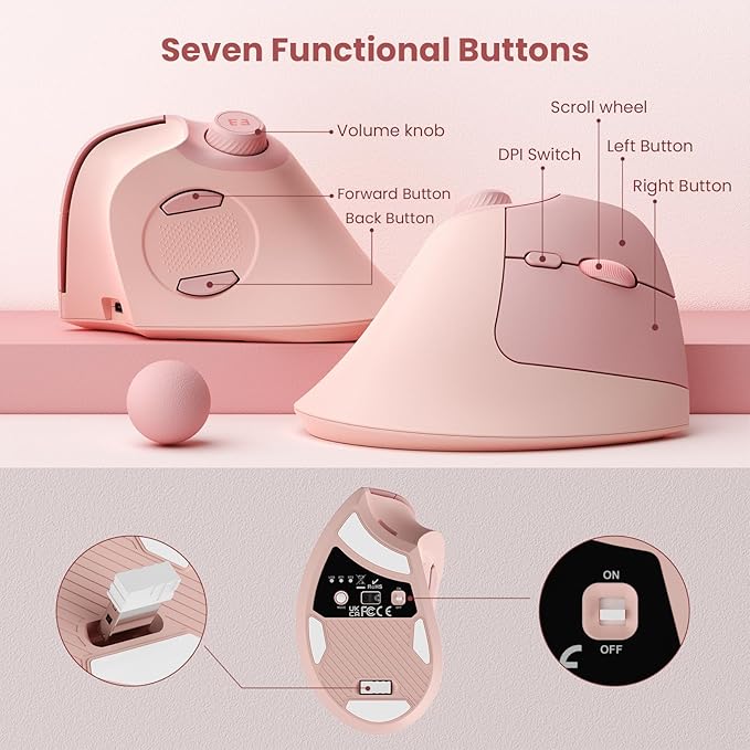 seenda Ergonomic Mouse Wireless MOU-302 Bluetooth Vertical Mouse Rechargeable Optical Mice with 1000/1600/2400 DPI Volume Knob 3 Multi-Device Connectivity for Computer/PC/Laptop/Mac Pink