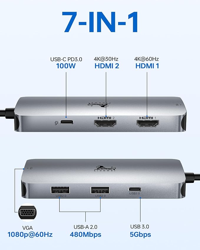 USB C Docking Station Dual Monitor LIONWEI Laptop Docking Station with Dual 4K HDMI VGA 100W PD 3 USB USB C Hub Multiport Adapter for Dell Lenovo HP Surface