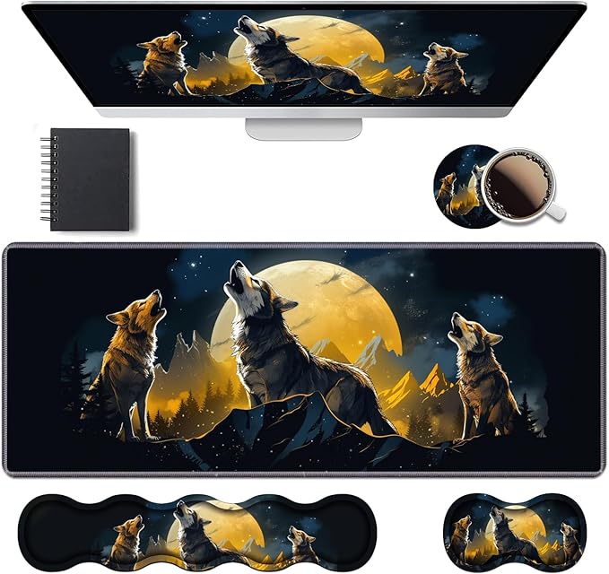 Ergonomic Keyboard Wrist Rest &amp Mouse Pad Wrist Rest Set Large XXL Gaming Desk Mat 31.5x 11.8 with Memory Foam Easy Typing Pain Relief for Office &amp Home Wolf Howling Under The Moon