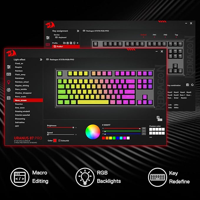 Redragon K737 PRO Wireless 87 Keys Gasket Gaming Keyboard 80% Premium CNC Aluminum Mechanical Keyboard Hot-Swap South-Facing LED Socket 5-Layer Noise Dampening Side-Printed PBT Contour Line Keycap