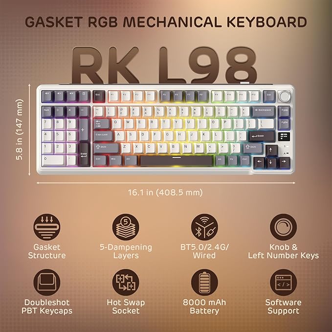 RK ROYAL KLUDGE L98 Wireless Mechanical Keyboard w/Left-Handed Southpaw Design Numpad &amp Hot Swappable Knob Tri-Mode 95% Keyboard BT/2.4G/USB-C Pro Software Gasket Mount Massive 8000mAh Battery