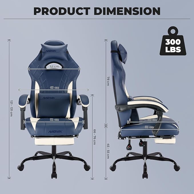 Gaming Chair with Footrest and Massage Lumbar Support Ergonomic Computer Gamer Chair Office Video Game Chairs (Blue)