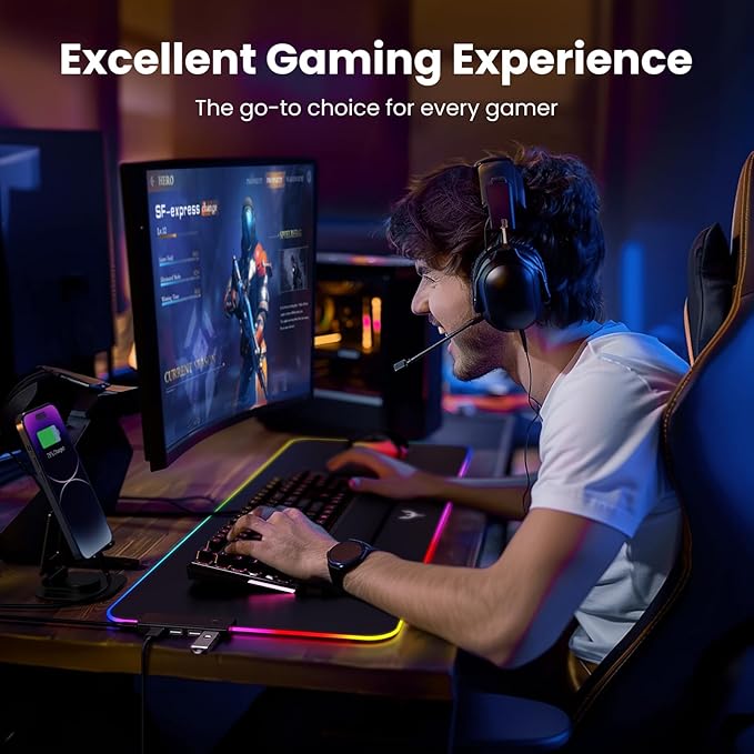 BladeHawks RGB Gaming Mouse Pad with 4Port USB Hub 14 Lighting Modes Oversize Anti-Slip Rubber Base Waterproof Coating Mouse Mat for Desk Laptop Computer PC Games Office