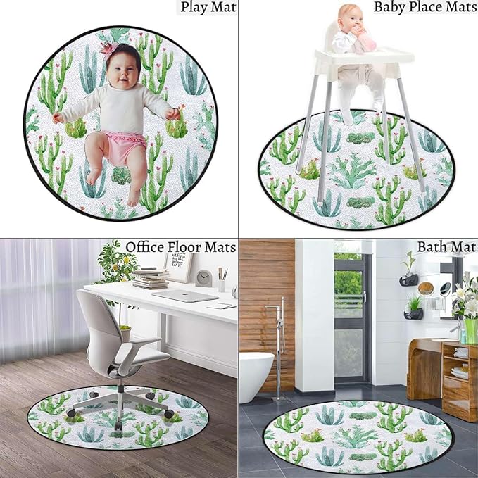 White Light Pink and Green Carpet Round Office Chair Mat for Hardwood Floor Multi-Purpose Soft Mats for Gaming Rolling Chair/Living Room/Study Plants Spikes Cartoon Art Diameter 47.2 in