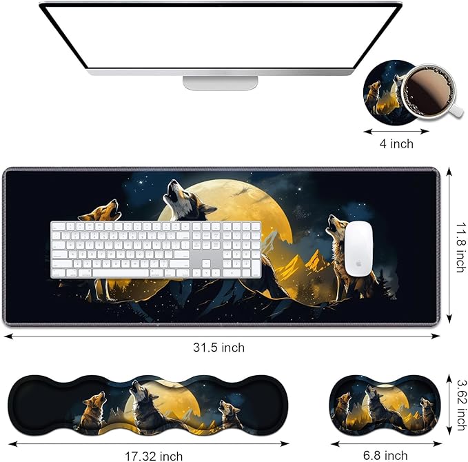 Ergonomic Keyboard Wrist Rest &amp Mouse Pad Wrist Rest Set Large XXL Gaming Desk Mat 31.5x 11.8 with Memory Foam Easy Typing Pain Relief for Office &amp Home Wolf Howling Under The Moon