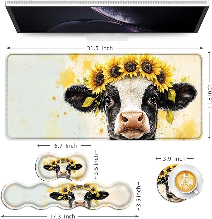 Keyboard Mouse Pad Set Extended Gaming Mouse Pad+Ergonomics Keyboard Wrist Rest Support Memory Foam Easy Typing Pain Relief 4Pcs XL Ultra Thick Desk MatCow with Sunflower