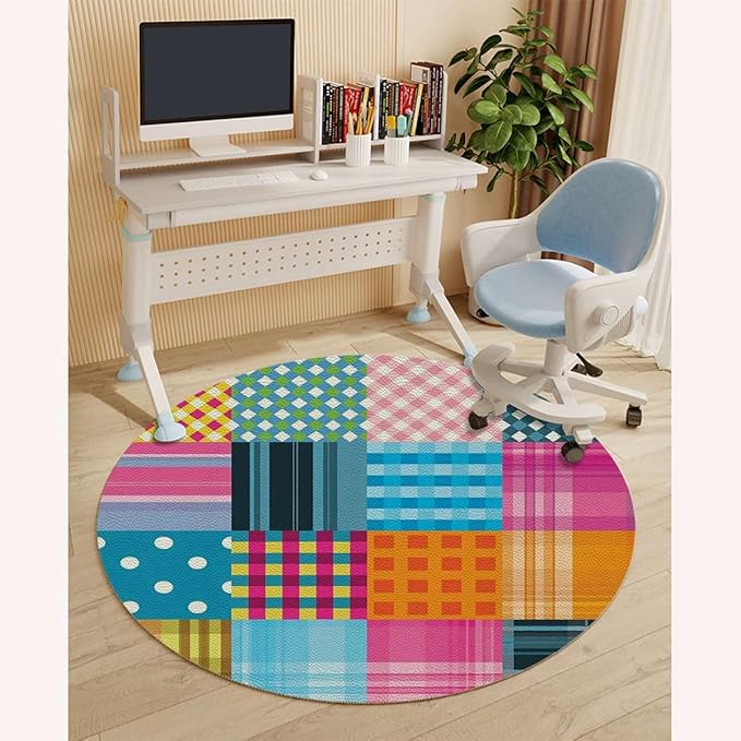 Multicolor PU Leather Office Gaming Rolling Floor Mat Rainbow Colored Mosaic Pattern Squares Computer Gaming Rolling Chair Mat for Home Office Hardwood Floor Abstract Diameter 55 in
