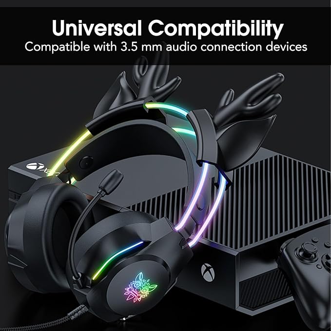 Gaming Headset with Microphone Deer Ears Headphones for PC Laptop PS4 PS5 Xbox Switch Rainbow RGB Lighting &amp Virtual Surround Sound 3.5mm Over Ear Headphones Ergonomic