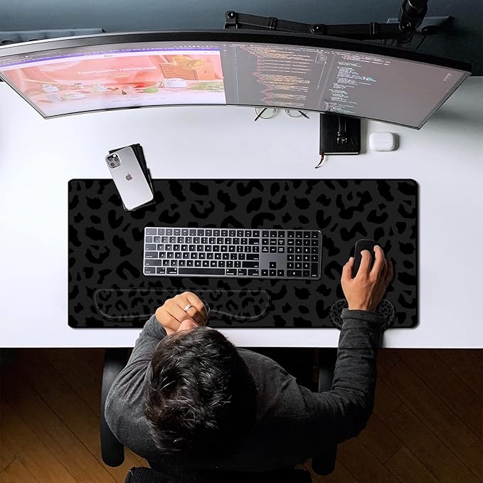 3Pcs Large Gaming Mouse Pad Desk MatKeyboard Mouse Wrist Rest Support SetExtended Laptop Mouse Pad Memory Foam Non-Slip Base for Gamer Home Office(31.5x15.7in)-Black Leopard Cheetah