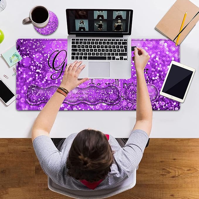 Gaming Mouse PadLarge Mouse Pad with Stitched EdgeNon-Slip Base Office Desk Pad Ergonomic Keyboard Wrist Rest SetWaterproof Writing PadPsalm 46:5 Purple Glitter Pattern Extended XXL Desk Mat