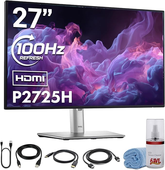 Dell P2725H 27″ Full HD (1920×1080) IPS LED 100Hz Monitor | Comfortview Plus Height-Adjustable Anti-Glare Display + USB-C Cable + Cleaning Kit