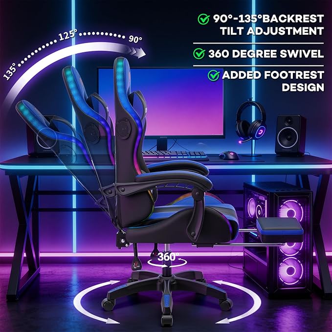 HOFFREE RGB Gaming Chair with Rhythm LED Lights and Speakers Massage Computer Chair with Footrest Music Video Game Chair High Back with Lumbar Support Blue