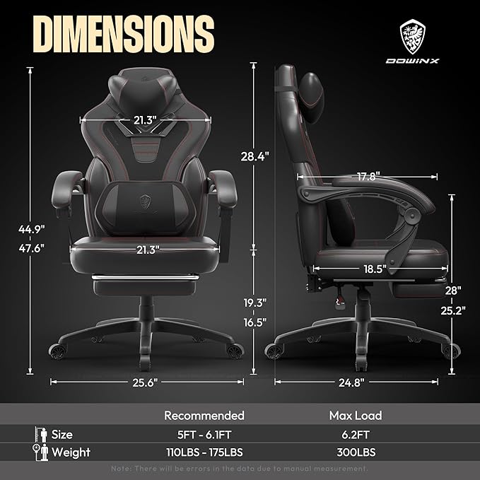 Dowinx Gaming Chair with Footrest Game Chair for Heavy People Gamer Chair for Adult with Massage Computer Gaming Chair with PU PC Game Chairs for 200lbs (Black)