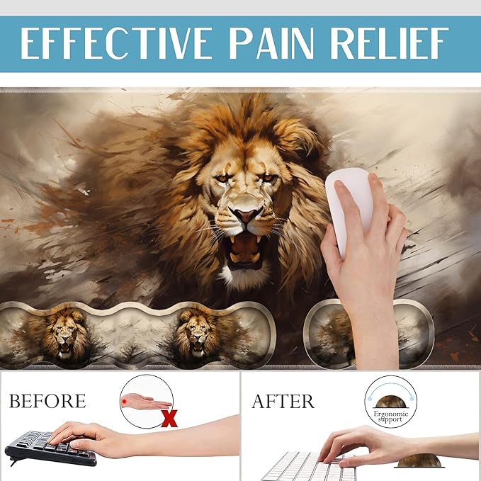 4 in 1 Mouse Pad Combo Large Gaming Mouse Pad + Keyboard Wrist Support + Mouse Wrist Rest + Coaster Table Pad with Stitched Edge Ergonomic Wrist Pad Set Lion