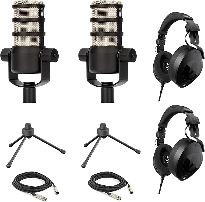 Rode PodMic Dynamic Podcasting Microphones (Pair) with Tripod Desktop Microphone Stands Rode NTH-100 Professional Closed-Back Over Ear Headphones XLR Cables and StreamEye Polishing Cloth