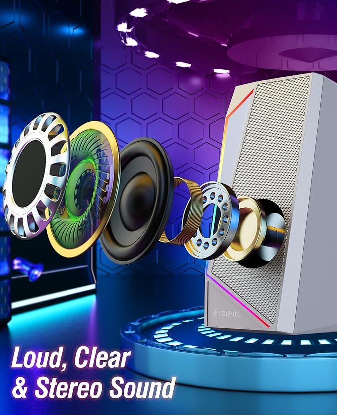 LENRUE Computer Speakers USB/USB-C Powered PC Speakers with Loud Stereo Sound Headphone-in for Desktop Laptop Monitor