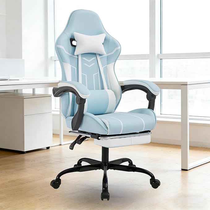 Ergonomic Gaming Chair with Massager Big and Tall Computer Chair with Reclining Footrest Swivel Game Chairs for Adults Home Office (Leather (Blue&ampWhite)