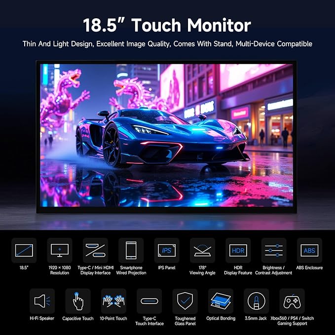 Waveshare Luckfox 18.5inch Touch Monitor with Stand Compatible with Raspberry Pi/Jetson Nano and PC 1920 × 1080 120Hz Refresh Rate Mini HDMI/Type-C Display Ports IPS Screen 10-Point Touch