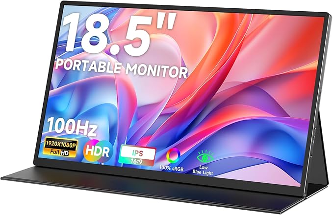 qaf 18.5 Inch Portable Monitor 100Hz 1080P FHD IPS HDR Display 100% sRGB Frameless Gaming Travel Second Monitor for Laptop PC Mac PS5 Xbox VESA Mount Built-in Speakers - Classic Black