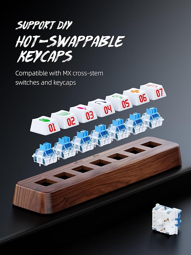Walnut Wood 7-Port Powered USB 3.0 Hub 5Gbps Data Transfer Independent Hot-Swappable 3-Pin Mechanical Keyboard Switch Expander RGB Backlit Docking Station-FU07