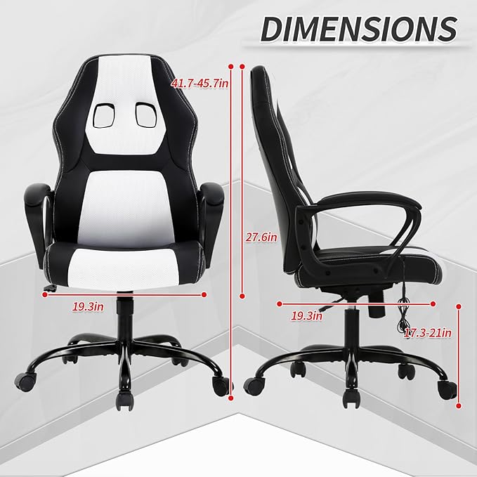 Office Chair Ergonomic Gaming Chair High Back Computer Desk Chair with Lumbar Support Adjustable PU Leather Gamer Chair Comfortable Racing Style for Adults Teens Kids (Classic Version White)