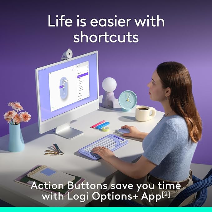Logitech POP Mouse Compact and Portable Wireless Bluetooth Mouse with Programmable Buttons and Quiet Clicks Easy-Switch Between up to 3 Devices Laptop Tablet PC - Lilac