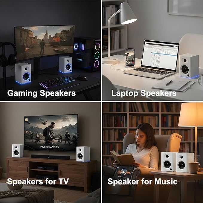 3-Inch Bluetooth 5.3 Computer Speakers for PC Max 60W RMS Rich Stereo Sound with Good Bass &amp Clear Highs Stable Aux/RCA Inputs for Gaming Home Office Studio White Pair