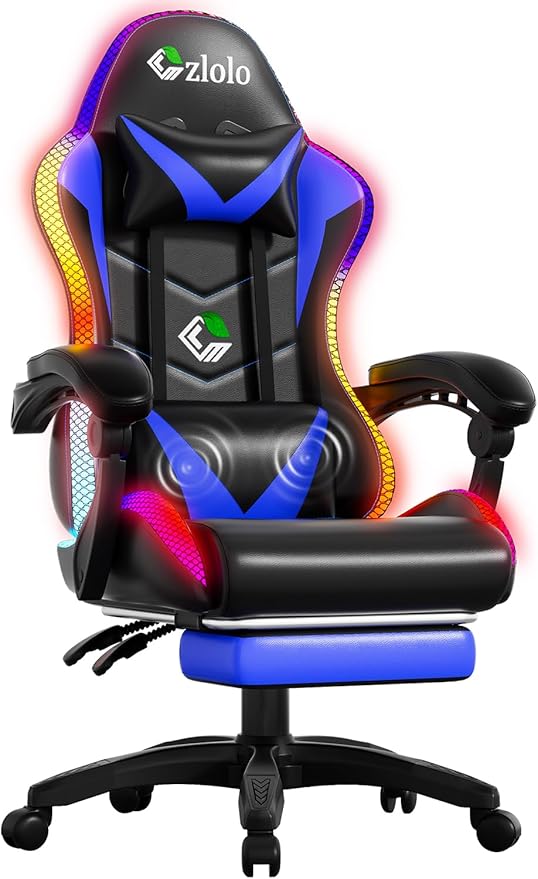 Gaming Chair Racing Style RGB LED Lights Gaming Chairs for Adults and Kids Lumbar Massager Gamer Chair High Back Reclining Computer Chair with Footrest and Headrest (Black/Blue)