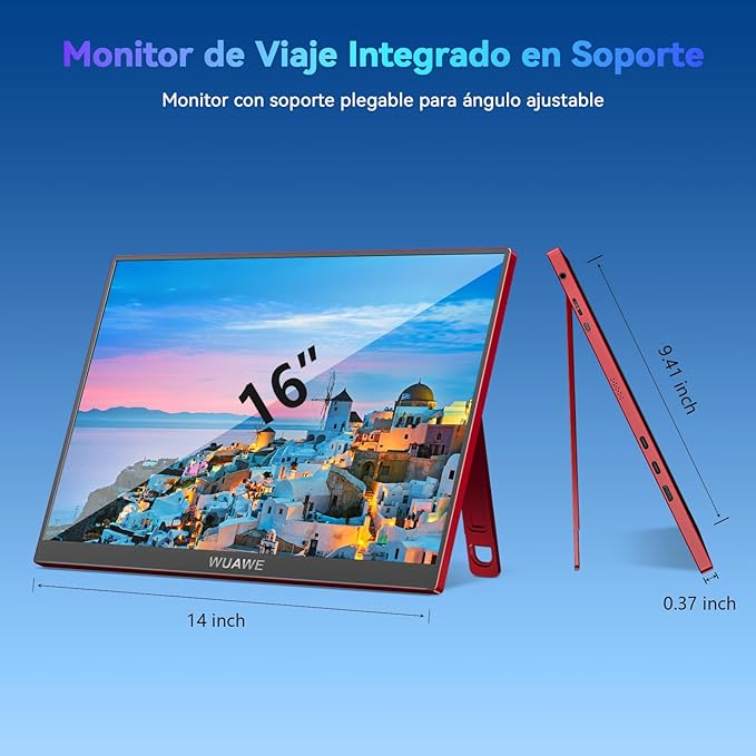 WUAWE 16 inch Portable Laptop Monitor 100% sRGB Portable Gaming Monitor with Built-in Stand HDR and Freensync External USB C Monitor for Laptop PC Phone Switch and PS5(Red)