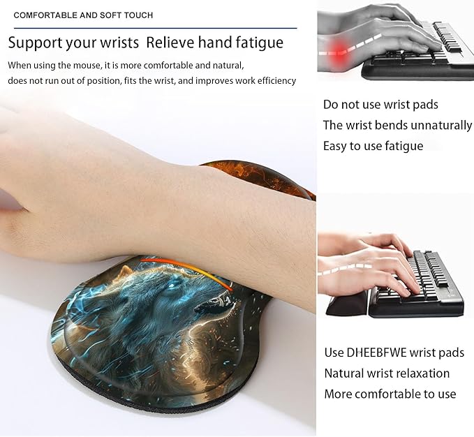 Keyboard Mouse Pad SetLarge Desk Pad+Keyboard Wrist Rest+Mouse Pad Wrist Support+CoasterEasy Typing Pain Relief Non-Slip Mousepad Wrist Support Mousepad Set Home OfficeFire with Ice Wolf