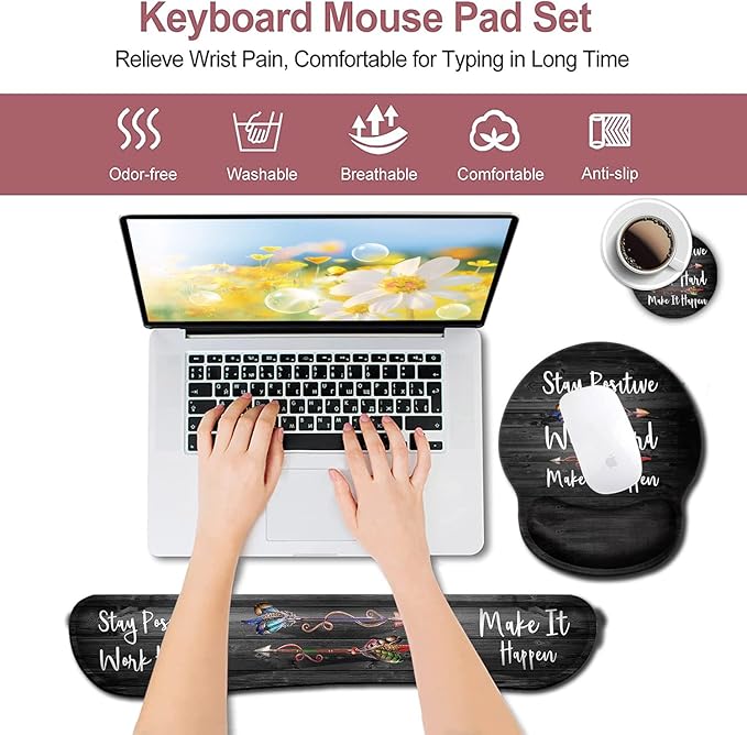 Ergonomic Mouse Pad with Gel Wrist Rest SupportNon-Slip PU Base for Computer Laptop Home Office Stay Positive Work Hard and Make It HappenSilver Glitter Black pad Memory Foam Keyboard Wrist Rest