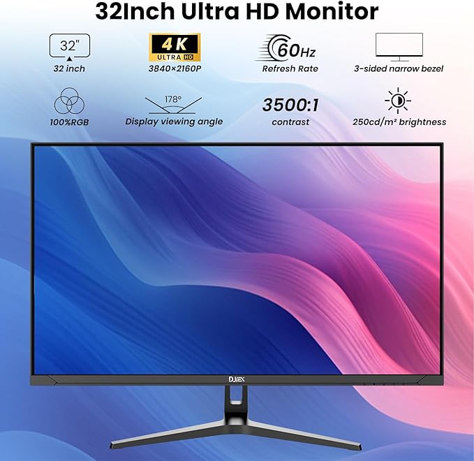 32 Inch 4K Computer Monitor UHD 3840 * 2160P Ultra-Clear Screen 60HZ 3500:1 Contrast Ratio 100% sRGB FreeSync Eyecare IPS Panel Compatible with Wall mounting Ideal for Business Office