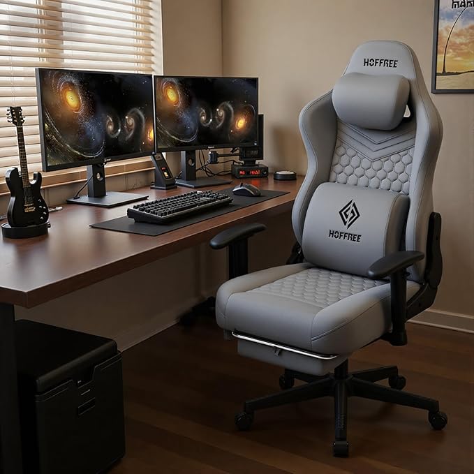 HOFFREE Gaming Chair Suede Fabric with Pocket Spring Cushion Massage Gaming Chairs with Footrest 350LBS Computer Office Chair for Adults Ergonomic Computer Chair with Lumbar Support Grey