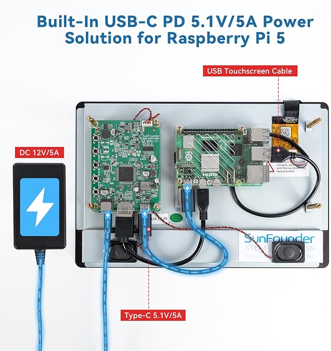SunFounder Latest 10 Inch DIY Touch Screen All-in-One Solution for Raspberry Pi 5 IPS HD 1280x800 LCD Built-in 5.1V/5A Output HDMI 10-Point No Driver Speakers for RPi 5/4/3/Zero 2W