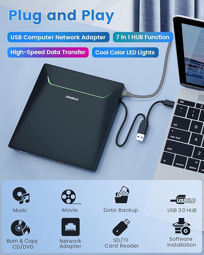 New External CD DVD Drive Cool DVD Burner USB 3.0 with Ethernet Adapter 3 USB and 2 TF/SD Card Ports CD DVD Player Reader Writer Optical Disc Drive for Laptop PC Windows Mac with Carrying Case
