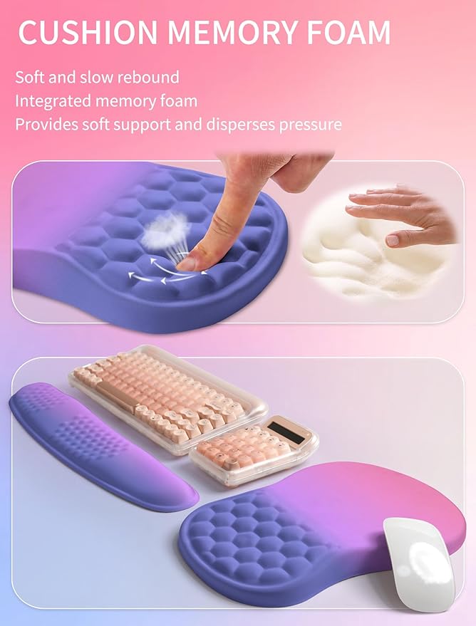 Hokafenle 2in1 Combination Wave Keyboard Wrist Rest and Ergonomic Curvature Mouse Pad Wrist Support for Relieve Wrist Pain Filled with Soft Cushion Memory Foam Gradient Blue Purple