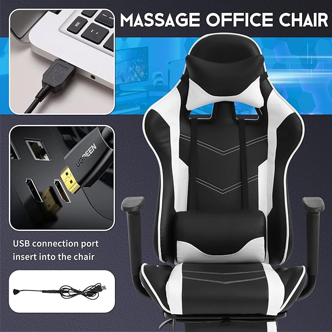 BLKMTY Massage Gaming Chair with Footrest Ergonomic Office Chair Racing Computer Chairs PU Leather with High Back Lumbar Support Headrest Reclining Chairs White