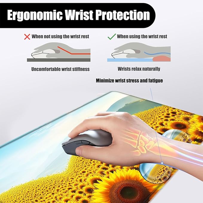 Mouse PadLarge Desk Mat Set 4in1 XL Mousepad + Keyboard Wrist Rest+Mouse Wrist Rest+Coaster with Ergonomic Desk Pad for Home Office Table Computer Cover -Sunflower Field and Mountain