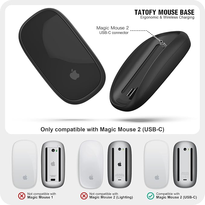 TATOFY Mouse Charger Compatible with Magic Mouse 2 (USB-C) Grip with Wireless Charging Support Ergonomic Base (Black)