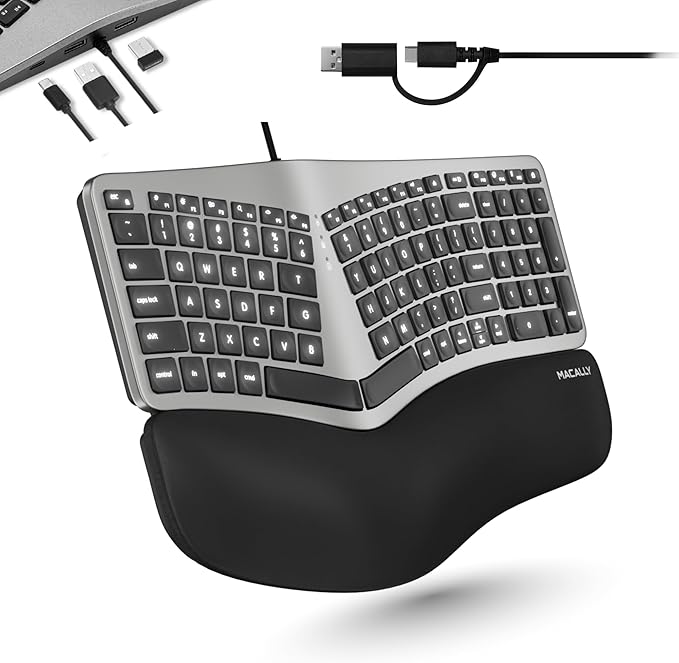 Macally Wired Ergonomic Keyboard for Mac - USB Hub Backlit Keys Dual USB C + A Plug Split Design Padded Wrist Cushion - Compatible Apple Keyboard for MacBook Pro/Air iMac iPad - Space Gray