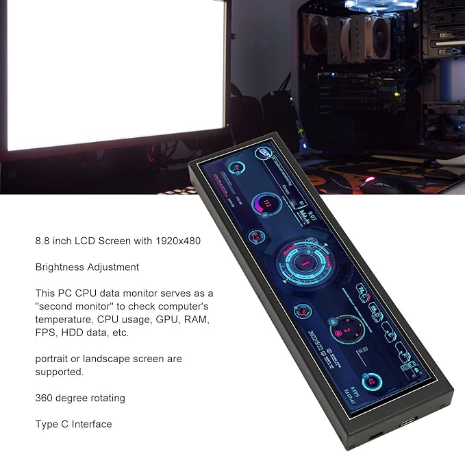 Dpofirs 8.8in USB Mini Screen USB C PC Sensor Panel Display PC CPU Data Monitor PC Computer Temp Mini Secondary Screen for Desktop Chassis (Without Touch)